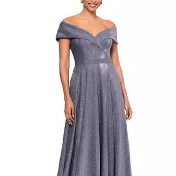 Off the Shoulder V-Neck Gunmetal Silver Sprakly Fit and Flare Gown Dress - Picture 2 of 5